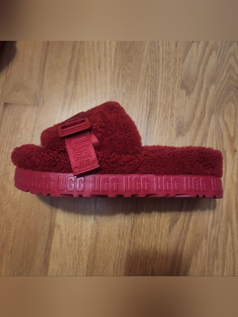UGG Red Plush Shearling Slides